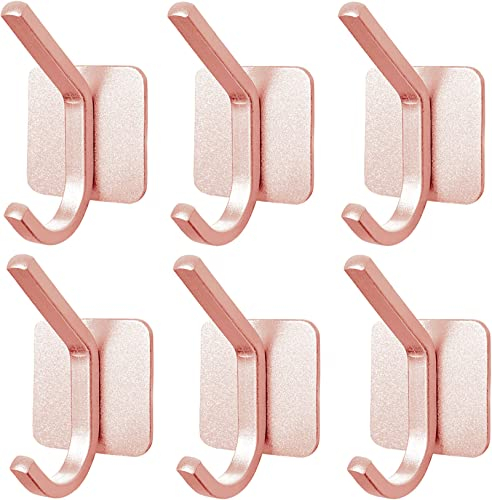 QNIIAED Self Adhesive Hooks,6 Pcs Strong Metal Double Sticky Hook On Wall Door Closet Bathroom Kitchen Bedrooms for Tea Towel Coat Hat(Rose gold)