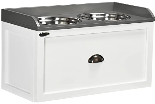 PawHut Erhöhter Hundenapf Futternapf mit Ständer Fressnapf mit Schublade, 2 Edelstahlnäpfen Futterstation für große Hunde, 36 cm Hoch, Weiß