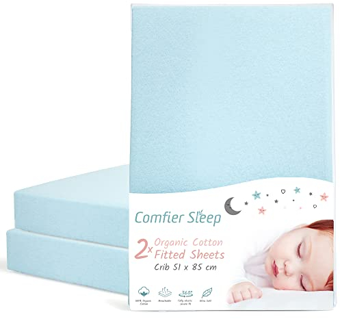 Spannbettlaken Beistellbett aus 100% komplett natürlicher Bio-Baumwolle Spannbettlaken 51x85 in Blau Farbe 2er-Set Ultraweich und Bequem für Ihr Baby passend für die Meisten Beistellbett