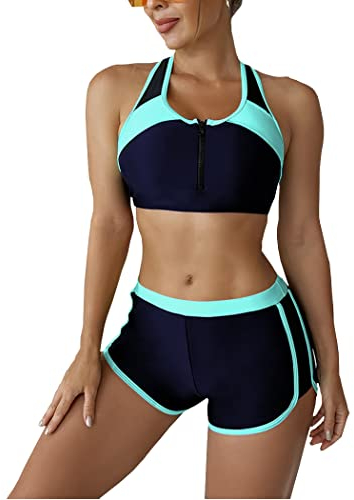 DISSA Damen Racerback Bikini Set Elastische Blau-2 Zweiteiliger Badebekleidung für Frauen Bademode,XL,S0107