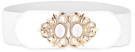 BlackButterfly Elástico Vintage Amplio Cinturón Elástico Perla Hebilla Cintura Cinturón (Blanco, XXL)