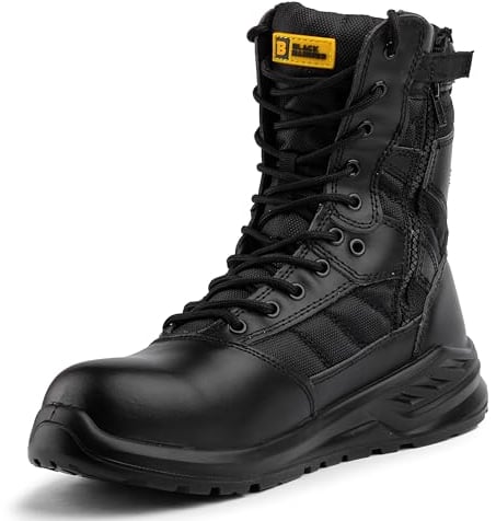 Black Hammer Genuine Leather Combat Boots for Men: Military Tactical Police Work Safety Boots with Steel Toe Cap, Lightweight Ankle Support Outdoor Use 6666 (9 UK)