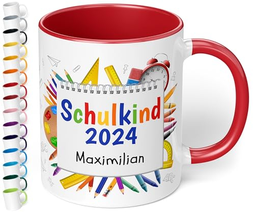 Geschenk zur Einschulung für Mädchen und Jungen: Tasse „Schulkind 2025“ - mit NOTIZBLOCK-Motiv - personalisiert mit Namen für Erstklässler - kleines Geschenk für Schüler 1. Klasse, Rot