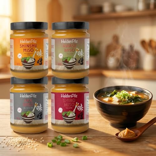 HeldenPilz® BIO Miso Probierpaket – 4 Sorten unpasteurisierte Miso-Paste (Aka, Shiro, Shinshu, Awase) | Lebende Kulturen | Handgemacht in Deutschland | Plastikfrei im Glas