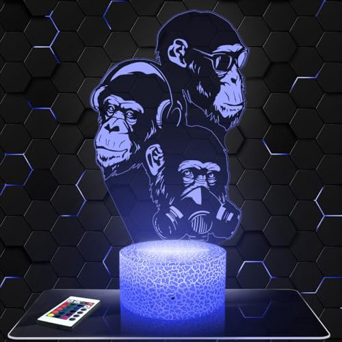Nachttischlampe - Touch-Nachtlicht Affe Weisheit Stilisiert Tier 3D-LED-Lampe Illusion, Geschenkidee Weihnachten Geburtstag Junge und Mädchen Nachttischlampe Kinder- oder Erwachsenenzimmer