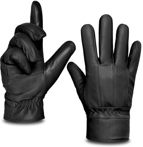 Harssidanzar Herren Lederhandschuhe Lammfell Touchscreen Handschuhe Fell gefüttert Winter Warm Fahren Lederhandschuhe SM043EU,Schwarz,Größe XXL