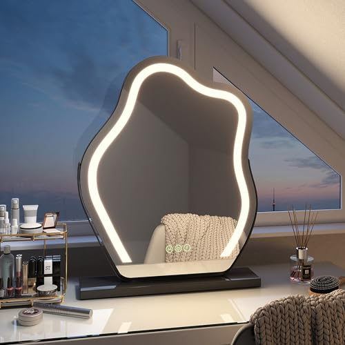 EMKE Hollywood Spiegel mit Beleuchtung, 3 Lichtfarben dimmbar, Schminkspiegel mit Beleuchtung, Schminktischspiegel mit Touch, 360 Grad Drehbar, asymmetrischer Spiegel 58x45cm (Schwarz)