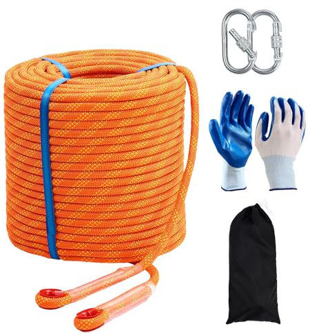 JIUXQT 10mm 196Ft (60m) Static Climbing Rope Braided Polyester Static Rock Climbing Rope High Strength Outdoor Rope for Rappelling Rope Rescue Rope with Non-Slip Gloves Orange