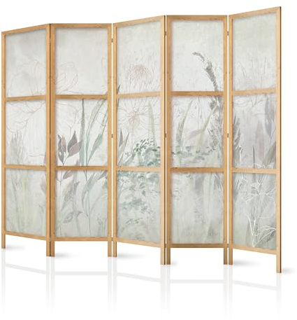 murando - Paravent Innen Raumteiler Holz Blätter 225x172 cm 5-teilig Japanische Trennwand Raumtrenner Room Divider Mobiler Sichtschutz Spanische Wand Raum Abtrennung Botanik Natur b-C-10247-bh-b