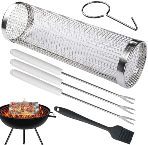 Cesta para barbacoa, Barbacoa de Acero Inoxidable, Utensilios de Cocina para Barbacoa Cestas, Cestas de Barbacoa Giratorias de 360 °, para Asar Verduras, Pescado, Carne - 29.5CM