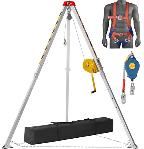 VEVOR Confined Space Tripod Kit, 1800 lbs Winch, Confined Space Tripod 7' Legs and 98' Cable, Confined Space Rescue Tripod 32.8' Fall Protection, Harness, Storage Bag for Traditional Confined Spaces