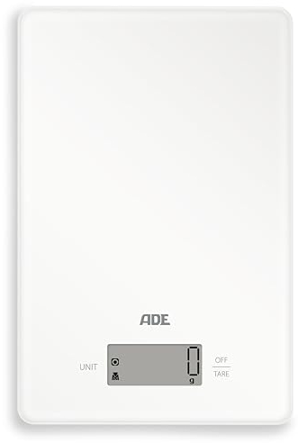 ADE Digitale Küchenwaage | präzise Grammwaage bis 5 kg | großes Display | inkl. AAA Batterien | sehr flach | mit Aufhängeöse | gut lesbare große Ziffern | weiß