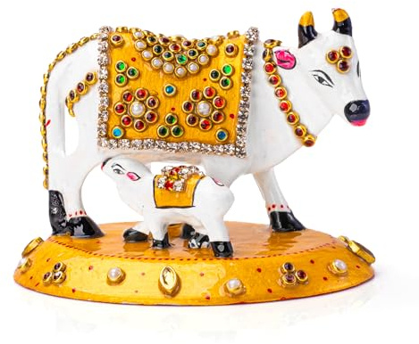 Minakari Traditionelle indische festliche Dekoration, Statue, Skulptur, Dekoration für Zuhause, Büro, Party und Geschenk (weiße Kuh und Kalb)