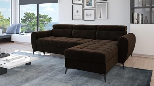Easy4You Ecksofa Bjorn Velvet L-Form Braun – 252x101x175 cm - Schlafsofa mit Bettkasten und Schlaffunktion - Eckcouch mit Stauraum - Verstellbare Kopfstützen – Stoff Monolith 29