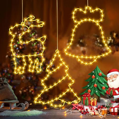 Christmas Window Lights, 3 Big Xmas Decorations Lights 155 LEDs Christmas Hanging Lights,LED Stars Reindeer Jingle Bell Christmas Lights Outdoor Indoor 8 Modes with Timer Curtain Lights Multicolor