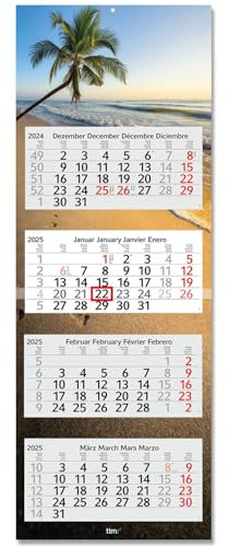 Timr 4-Monatskalender 2025 Strand Sonnenuntergang I Wandkalender 4 Monate I 33 x 90 cm I mehrsprachig D/GB/F/ES I Jahresplaner mit Schieber Mehrblatt-Kalender I Meer Urlaub-Motiv I tr250
