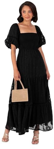 Lovedrobe Women's Maxi Ladies Square Neckline Puff Sleeve Tiered Hem Floral Chiffon Shirred A-line Tie Back Milkmaid Dress