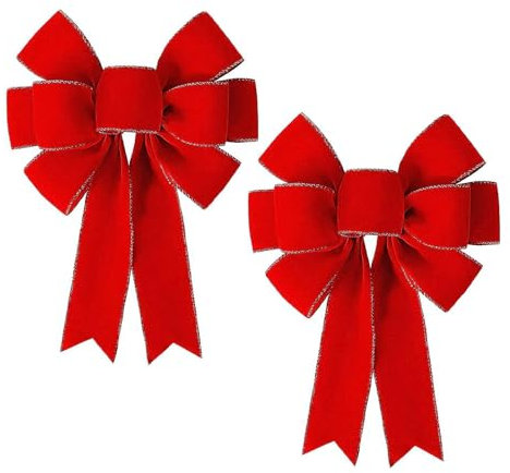 LLSUZY 2Pcs Large Christmas Bows 20 X 12 Inch Velvet Red Bows with Light for Christmas Wreath Decorations, Velvet Bows Decor for Christmas Tree Topper, Front Door, Outdoor