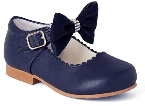 Girls Spanish Style Mary Jane Shoes, Diamanté Bow,Party Wear Silver, Gold, Pink, White or Navy Blue (Navy Blue, UK Footwear Size System, Big Kid, Women, Numeric, Medium, 1)