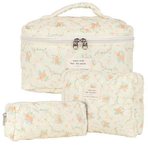3pcs Reise Kosmetiktasche Set Damen, Baumwolle Kulturbeutel Set Gesteppte Kulturtasche mit Blumenmuster, Make up Bag Aesthetic Schminktasche Cosmetic Bag für Kinder