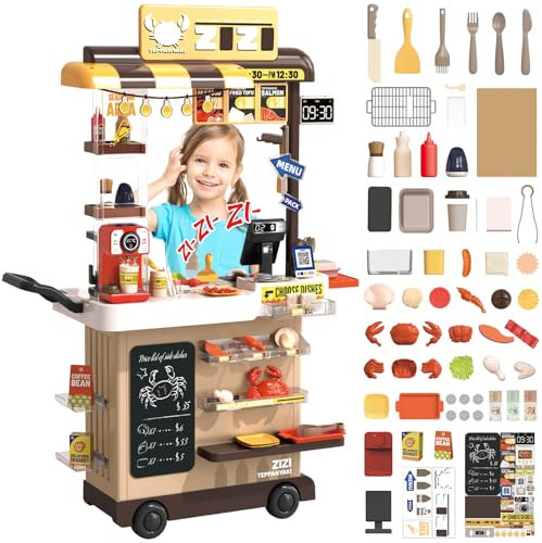 deAO Grande Juguete de Cocina Infantil a Partir de 4 5 6 7 8 años con 88 Accesorios de Cocina, Sonido, Iluminación, Lavabo de riego, Cajas Registradoras, Niños y Niñas para Regalo Cocina (Marrón)