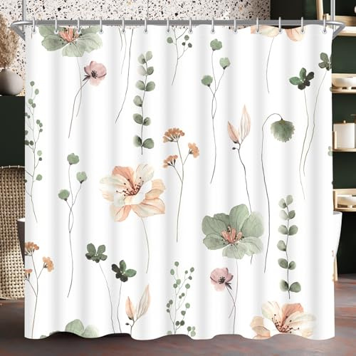 Lerores Duschvorhang 120x200 cm Salbei Grün Blume,Beschwerter Saum Antischimmel,Wasserabweisend, Waschbar Polyester Badevorhänge mit 8 Ösen und Duschvorhangringe für Badezimmer,Badewanne