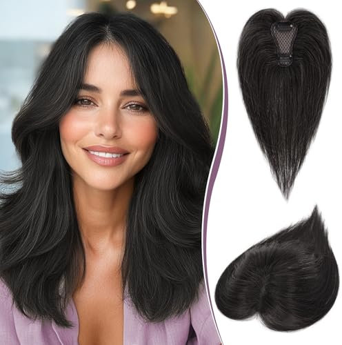 RUWISS Haar Toppers für Frauen Echthaar Topper Leichtes Natürlich Schwarz Clip in Haarteil für Dünner Haar Oberkopf Flauschiger Glatter Hair Topper ohne Pony