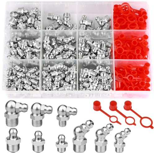 MirraSwit 270 Stück Schmiernippel Sortiment Kit, M6 M8 M10 Gerade Abgewinkelt 45°90° Abschmiernippel Kegelnippel Set, Kegelschmiernippel mit Schutzkappe für Schmierpressen, Hydraulische Fettbeschl