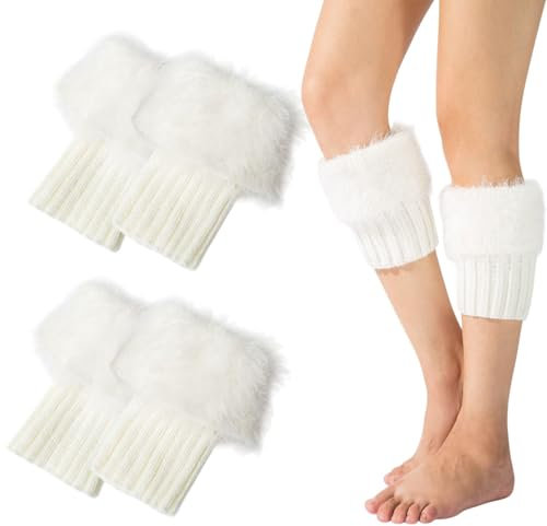 UILYNIU 2 Pairs Women Short Furry Leg Warmers Winter Faux Fur Boot Cuff Fuzzy Fluffy Leg Warmers Girls Knitted Fur Boot Covers Warmers Girls Short Furry Winter Knitted Boot Socks (White, one size)