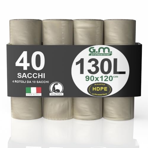GM 40 Sacchi Ambra Trasparenti Grandi Resistenti misura 90x120 cm in Plastica HDPE, 130 litri, Sacchetti indifferenziata, Buste spazzatura, Bustoni immondizia condominiali, 4 Rotoli da 10 Buste