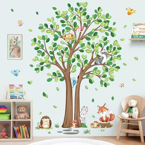 decalmile Wandsticker Waldtiere Baum Groß Wandtattoo Fuchs Hase Igel Wandaufkleber Babyzimmer Kinderzimmer Wohnzimmer Wanddeko