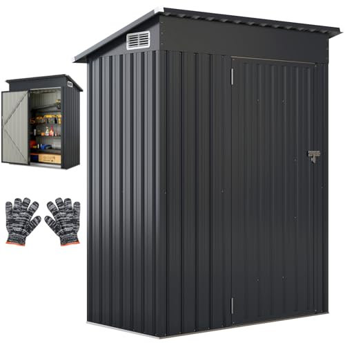 COSTWAY 5 x 3ft Metal Garden Shed, Galvanized Outdoor Storage Shed with Lockable Door, 2 Air Vents & Slope Roof, All-Weather Tool Storage House for Patio Backyard (150x88x185cm, Dark Grey)