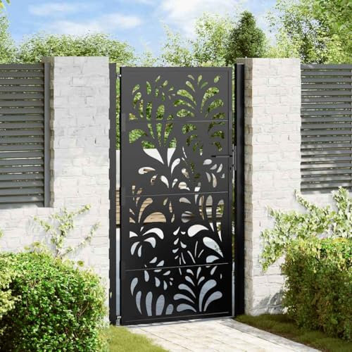qohoio 4100972 Garden Gate Black 105x180 cm Steel Wave Design Garden Gates High galvanised wrought iron metal swing gate