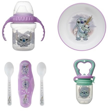 DISNEY BABY Lilo & Stitch - Pack Repas 1er Âge - Vaisselle Enfant - Tasse À Poignées Anti-Fuite, Bol Antidérapant, 2 Cuillères Avec Boîtier De Transport Et Grignoteur - 10 Mois Et Plus