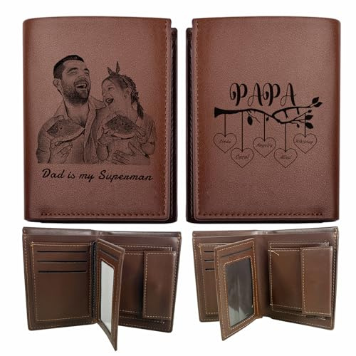 KOLOWKO Personalisierte Herren Geldbörse mit Foto + Gravur - Dreifach Leder Portemonnaie als Geschenk zum Vatertag für Papa, Ehemann, Freund