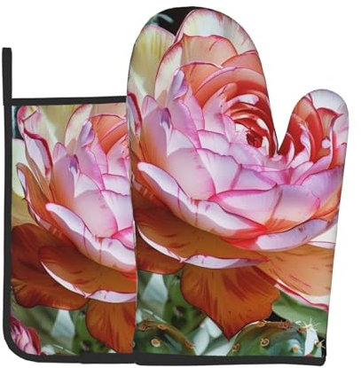 Ofenhandschuhe und Topflappen mit Sukkulenten-Rosen-Motiv, hitzebeständig, wasserdicht, Grillhandschuhe zum Kochen, Backen, Grillen, 2 Stück