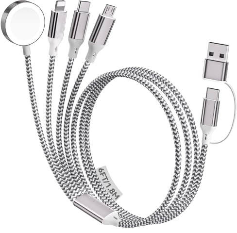 4 en 2 Múltiple Rápido Cargador para A pple Watch, 1.8M/6FT Cable de Carga Nylon USB A/C a Puerto iOS/Tipo C/Micro USB/iWatch, Compatible para iWatch Ultra/SE/1-10/iPhone/iPad/AirPods/Galaxy/Huawei