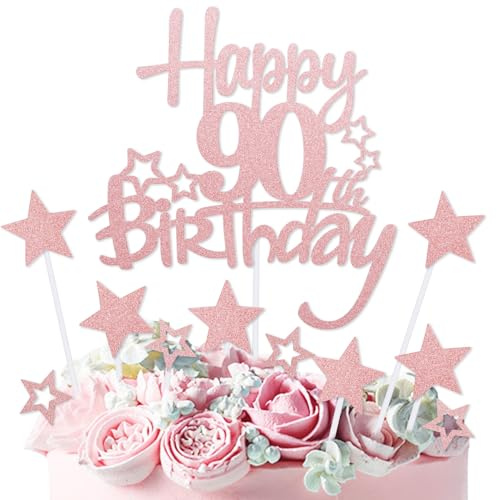 mciskin Rose Gold Happy 90th Birthday Cake Toppers,90th Birthday Decorations for Women,Personalised Cake Topper Rose Gold Glitter Star Cupcake Toppers for Girls Women Party Decorations Supplies