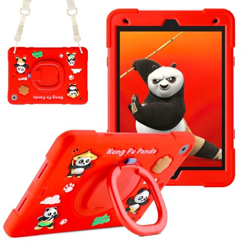 YVYI Case for iPad 9th/8th/7th Generation, iPad 10.2 Inch 2021/2020/2019, Funny Cartoon Silicone 3D Panda Design Kids Case Heavy Duty Protection with Stand/Pencil Holder/Shoulder Strap (Red)
