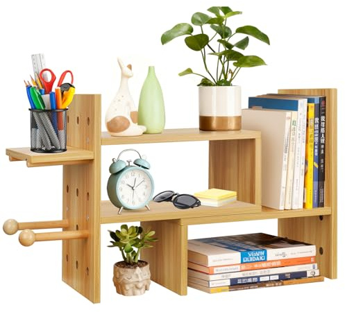 Hossejoy Desktop Bookshelf & Organiser, Adjustable Wood Desk Organizer Shelf Rack, Small Counter Top Bookcase Free Style Display Stand, Space Saving Bookshelf for Home Office - Easy Assembly