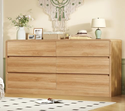 TEENFON 55 Dresser for Bedroom with 6 Drawers, Dressers & Chests of Drawers with Curved Profile Design, 6 Drawer Dresser, Bedroom Dressers, Wood Dressers for Bedroom, Hallway, Natural