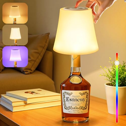 Forepin Lampada Bottiglia LED Senza Fili, Lampada da Tavolo Ricaricabile, IP54 Impermeabile, Touch Dimmerabile a 3 Colori e 9 RGB Abat Jour da Comodino per Ristorante, Campeggio, Terrazza