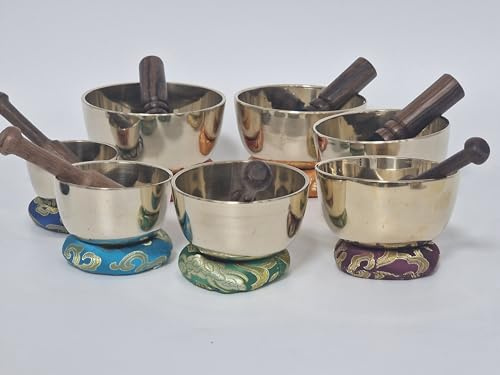 Lot de 7 bols chantants tibétains en bronze, pour la guérison des chakras et la thérapie par le son, avec maillets et coussins