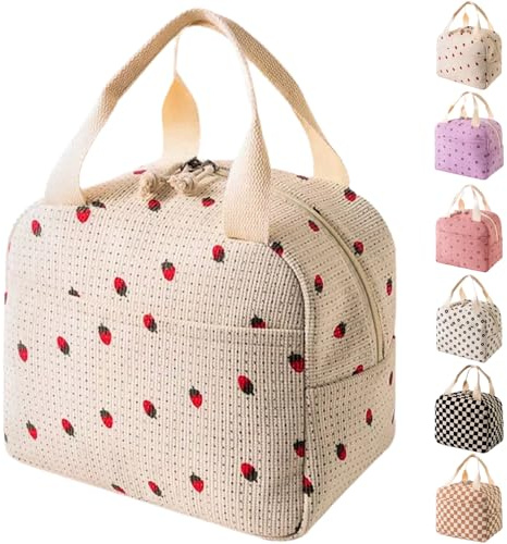 Arae Lunch Bags for Women Reusable - Large Insulated Lunch Box Lightweight Tote for Work, Travel, Beach & Daily Use, Strawberry - Beige