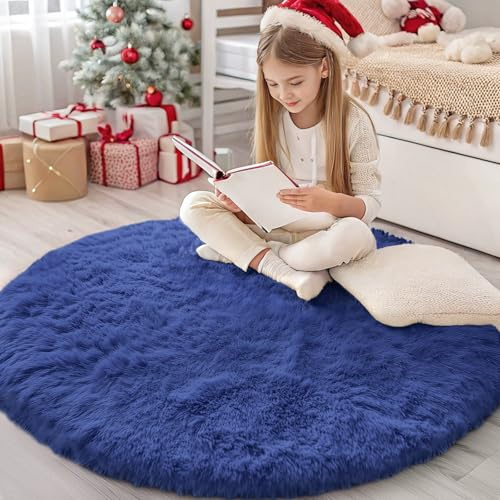 Homaxy Hochflor Waschbar Groß Teppich Wohnzimmer 160 cm Rund, Marine Blau | Anti-Rutsch Unterseite Teppiche, Flauschig Teppich fürs Kinderzimmer, Schlafzimmer