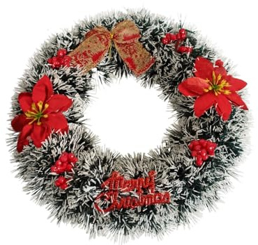Ghirlanda di Natale Verde con Effetto Neve e Decorazioni Rosse 30cm | Fuori Porta Natalizio per Casa Decorazioni Artificiali