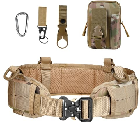 Kabxhueo Taktischer Gürtel Verstellbar Molle Gürtel 3,8 cm, Nylon, mit robuster Schnellverschluss-Metallschnalle, Geschenk mit MOLLE-Tasche und Flaschenclip,Cp camo