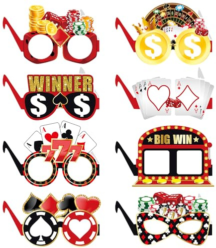 Papierbrillen Las Vegas Casino,8 Stk Las Vegas Deko Party Brillen Set | mit Krawatten Würfel,Spielkarten,Lustige Brille für Kinder Erwachsene Casino Royal DIY Poker Deko Theme Nachtparty Party