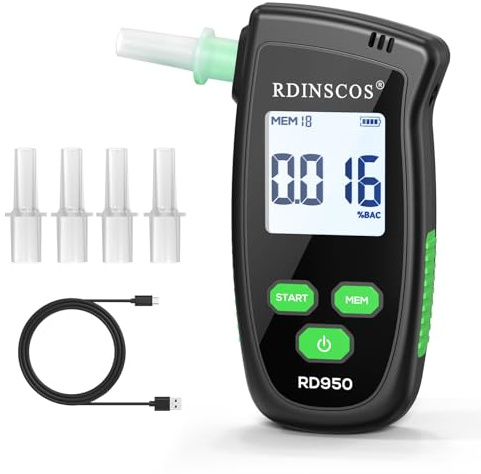 RDINSCOS Fuel Cell Breathalyzer with Active Pump Sampling Alcohol Tester | Rechargeable, Fast Accurate BAC Detector, Includes 5 Food-Grade Mouthpieces, Personal Safety Use