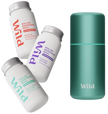 Wild Refillable Antiperspirant Roll On Deodorant Starter Kit with 72 Hour Odour & Sweat Protection - Aqua Case with Honey & Cactus Flower, Cotton & Sea Salt and Coconut & Vanilla Refills - 90% Natural